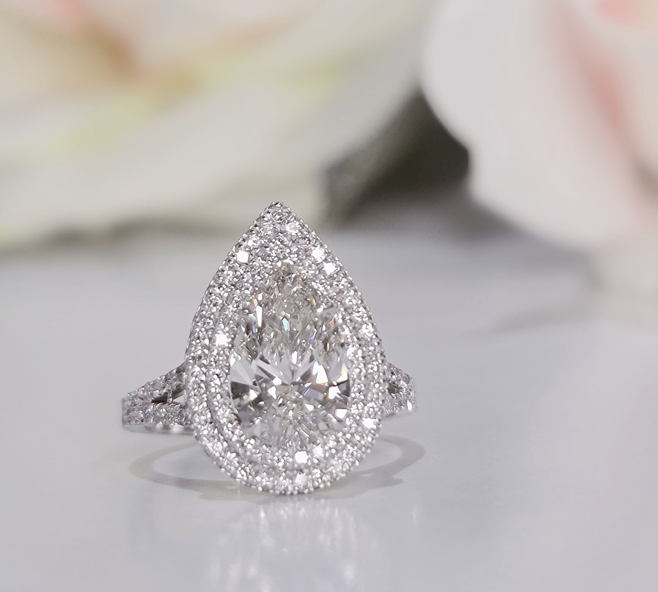 Pear Double Halo & Pave Lab Grown Diamond Engagement Ring