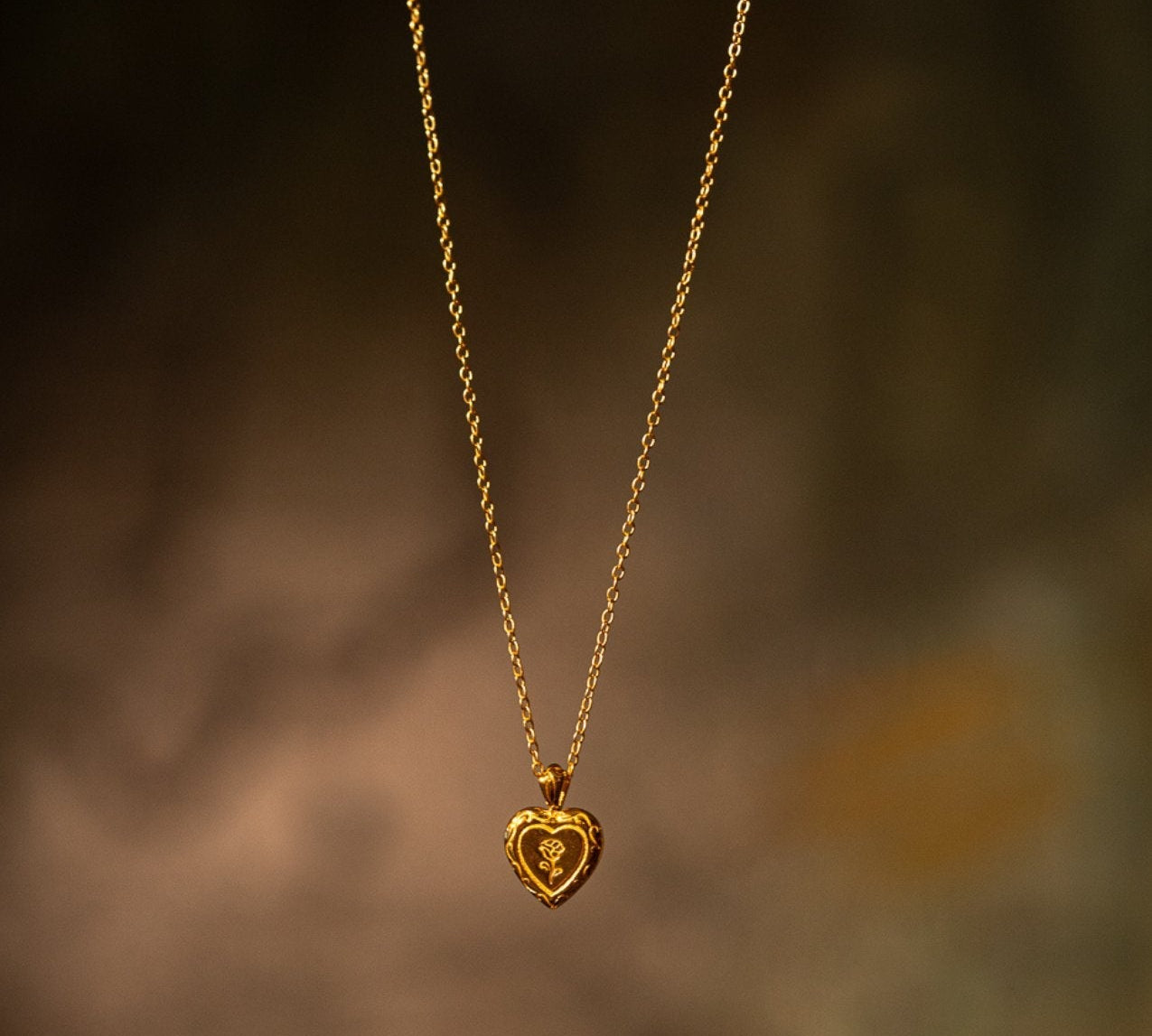 Rose Engraved Heart Shaped Pendant Necklace