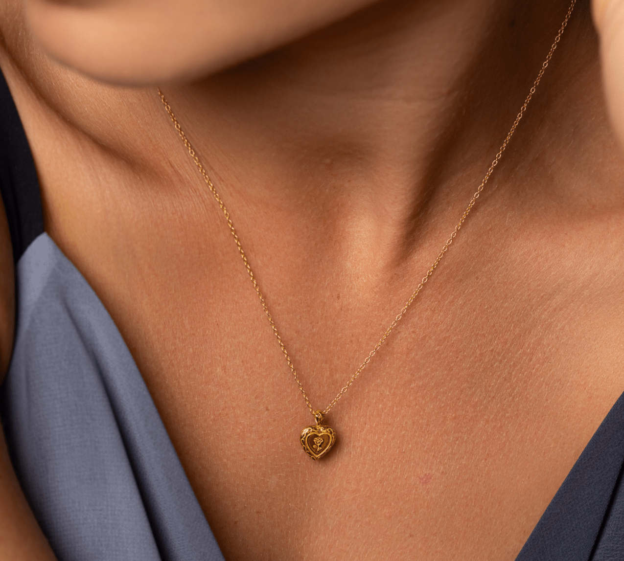 Rose Engraved Heart Shaped Pendant Necklace