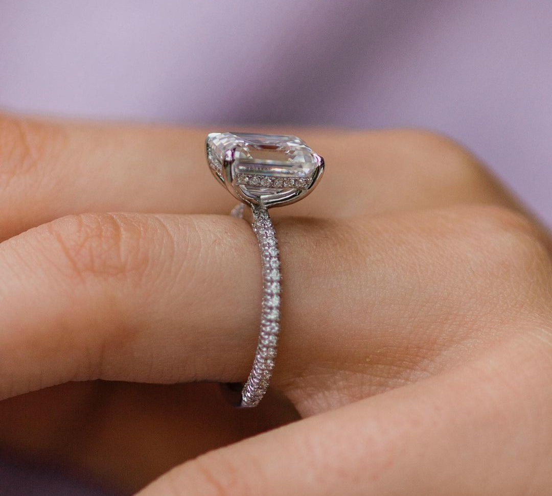 3.25 CT Emerald Solitaire Hidden Halo & Pave Moissanite Engagement Ring 3