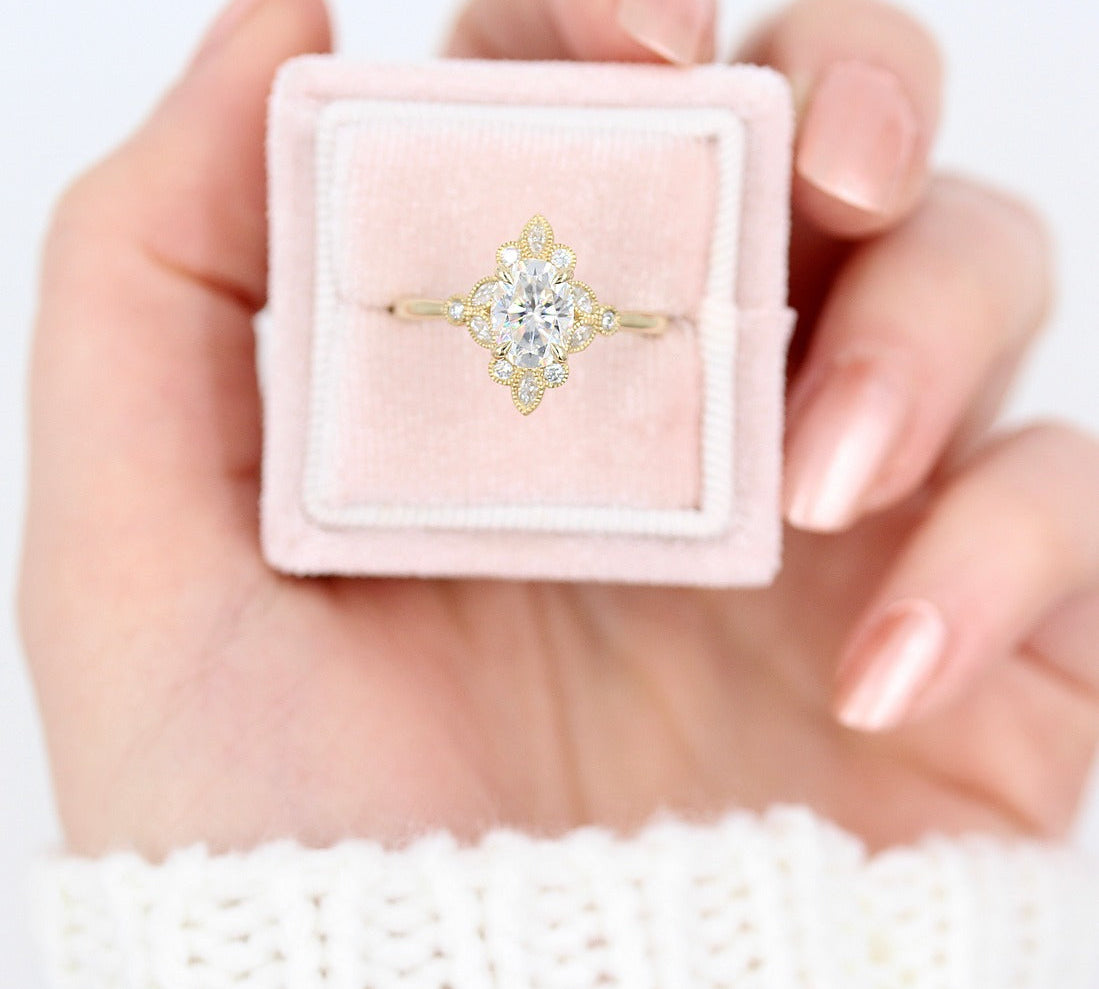 1.33 CT Oval Cluster Halo Moissanite Engagement Ring 1