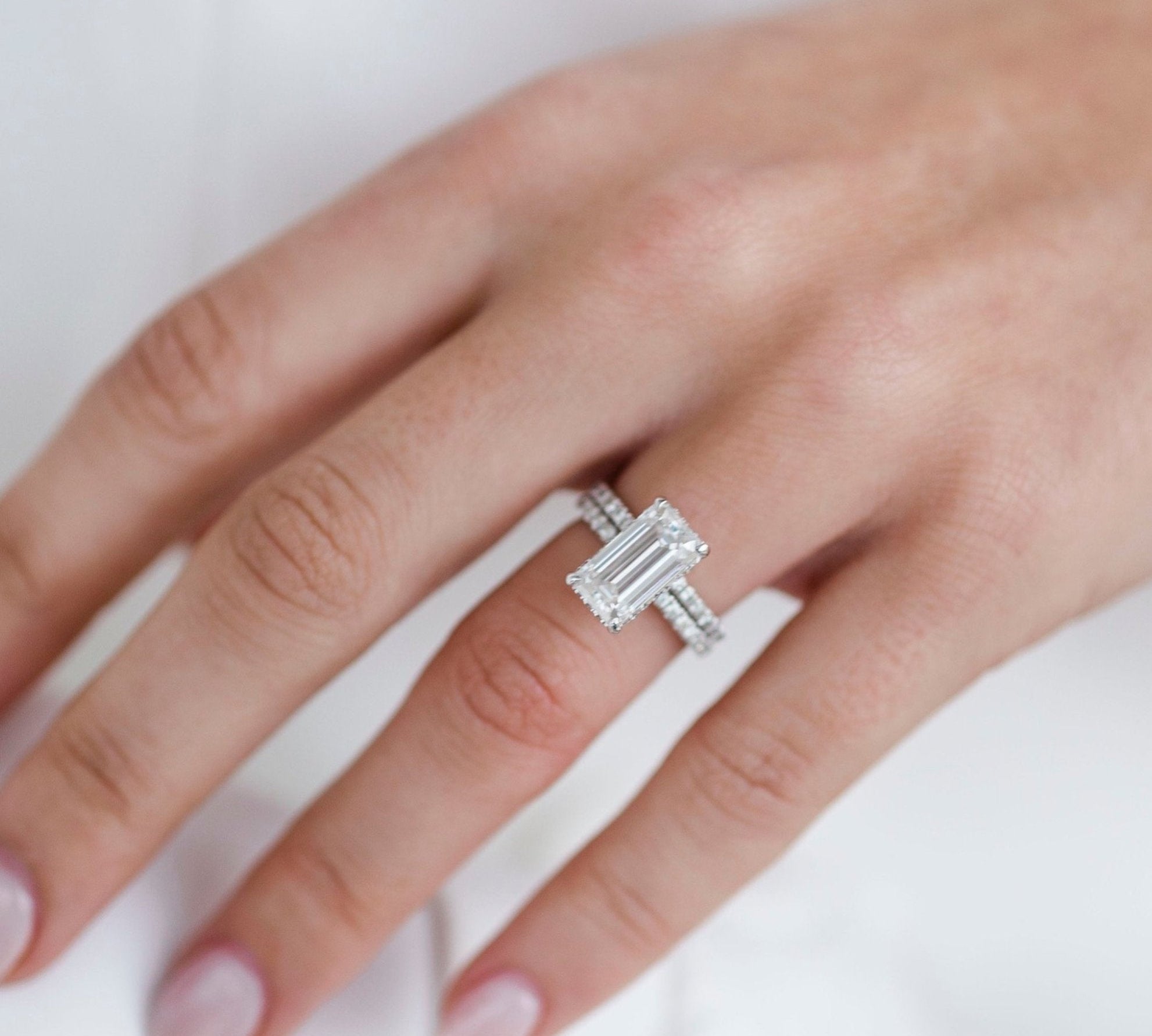 4.0 CT Emerald Solitaire Hidden Halo & Pave Moissanite Engagement Ring 1