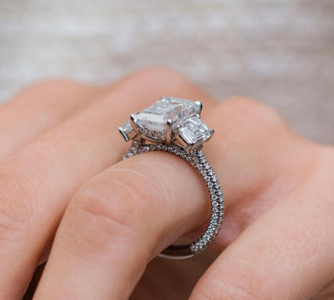 3.80 CT Emerald Three Stone Moissanite Engagement Ring 2