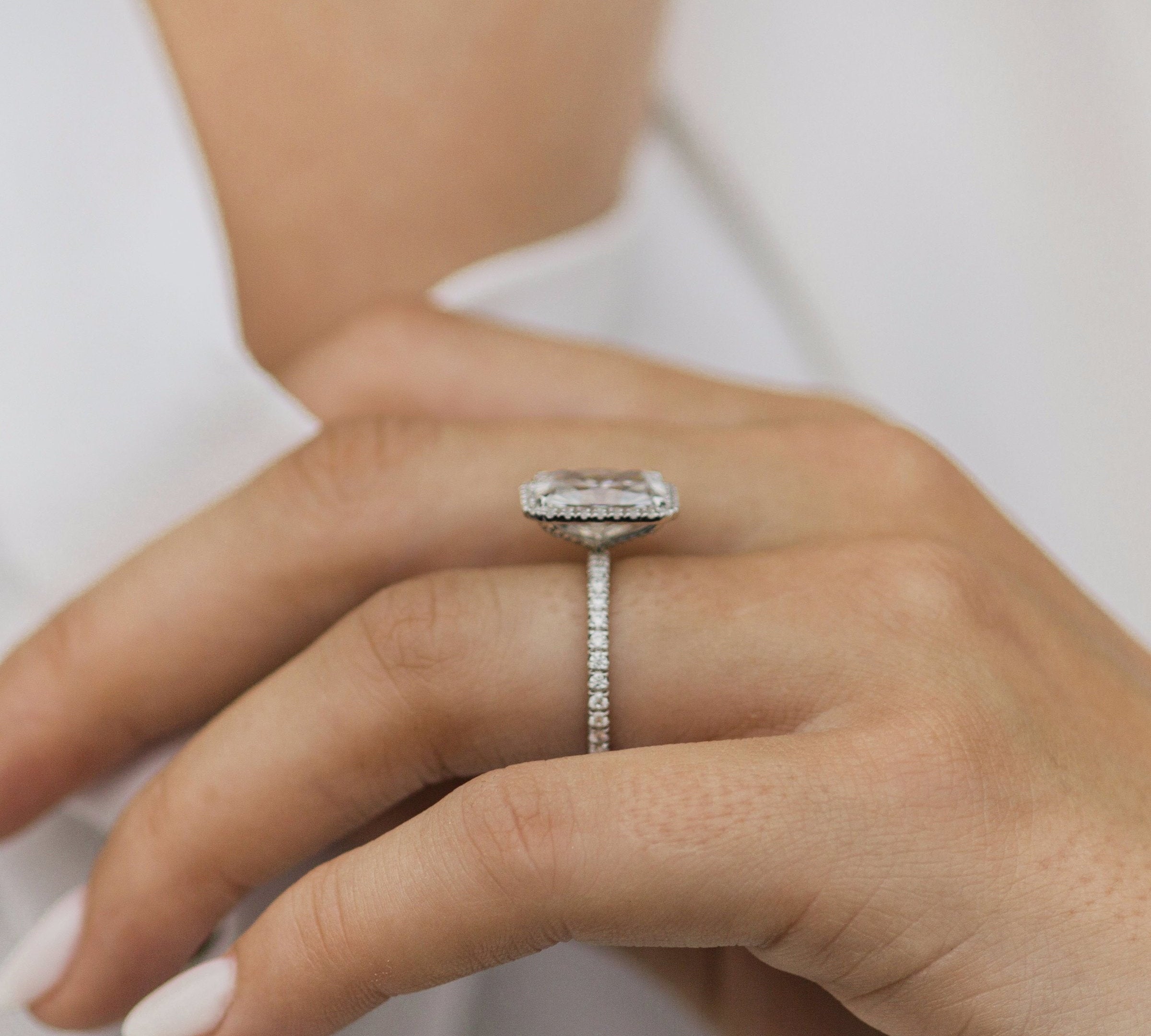 3.70 CT Crushed Ice Radiant Cut Halo Moissanite Engagement Ring With Pave Style 2