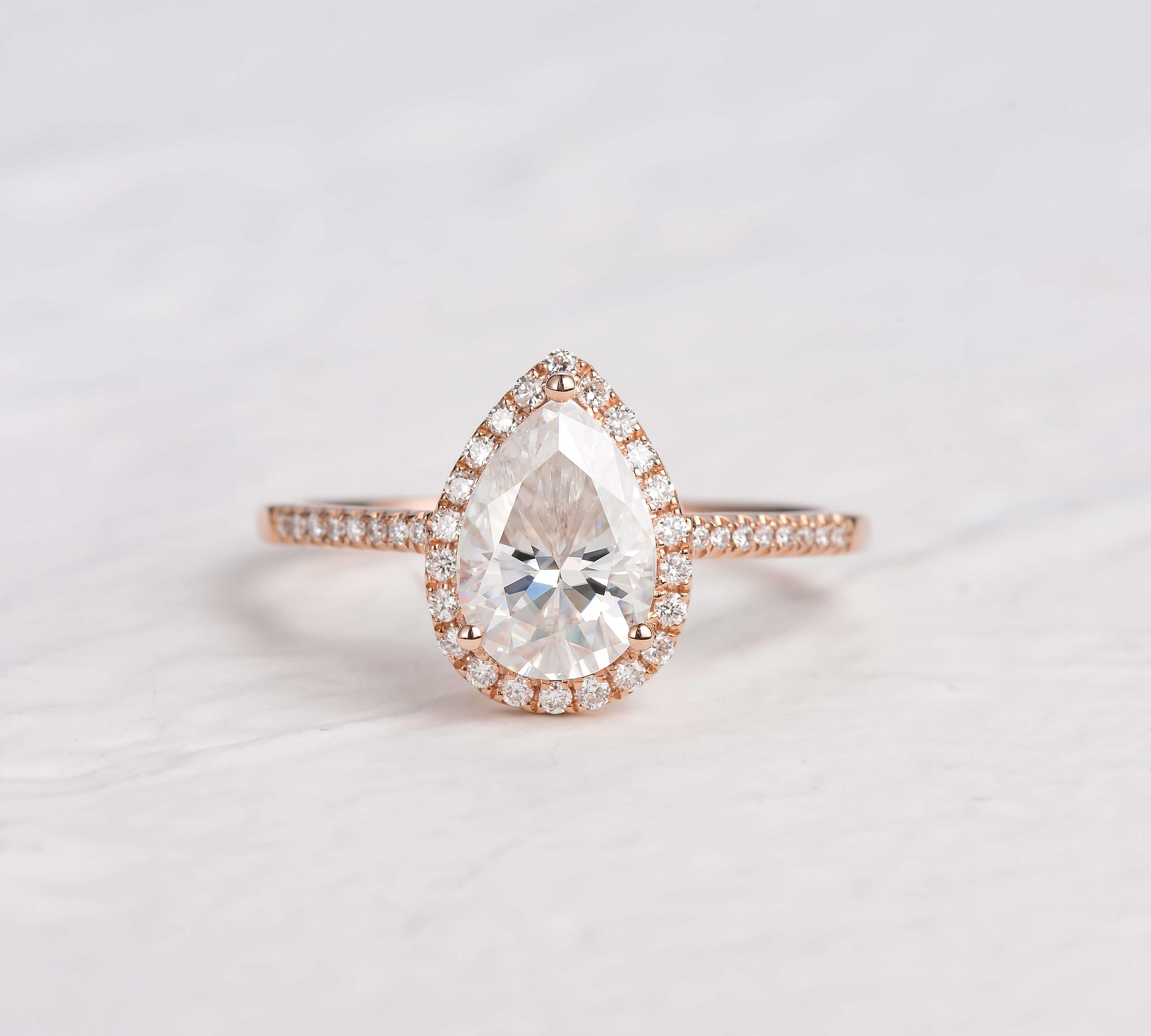 1.25 CT Pear Cut Halo Pave Moissanite Engagement Ring 1