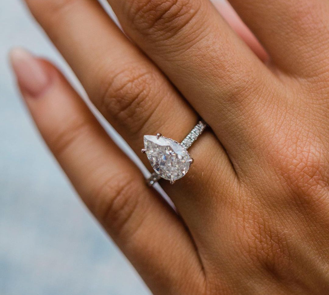 3.0 CT Pear Solitaire Hidden Halo & Pave Moissanite Engagement Ring 1