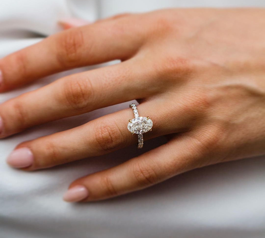 3.50 CT Oval Solitaire Hidden Halo & Pave Moissanite Engagement Ring 2