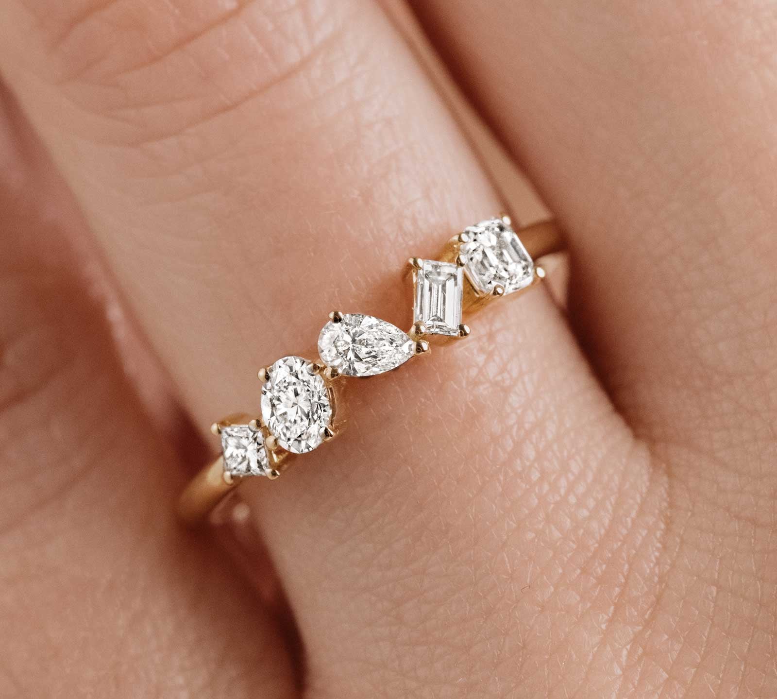 0.24 CT Asscher, Baguette, Oval, Princess & Pear Shaped Moissanite Multi Stones Wedding Band 1