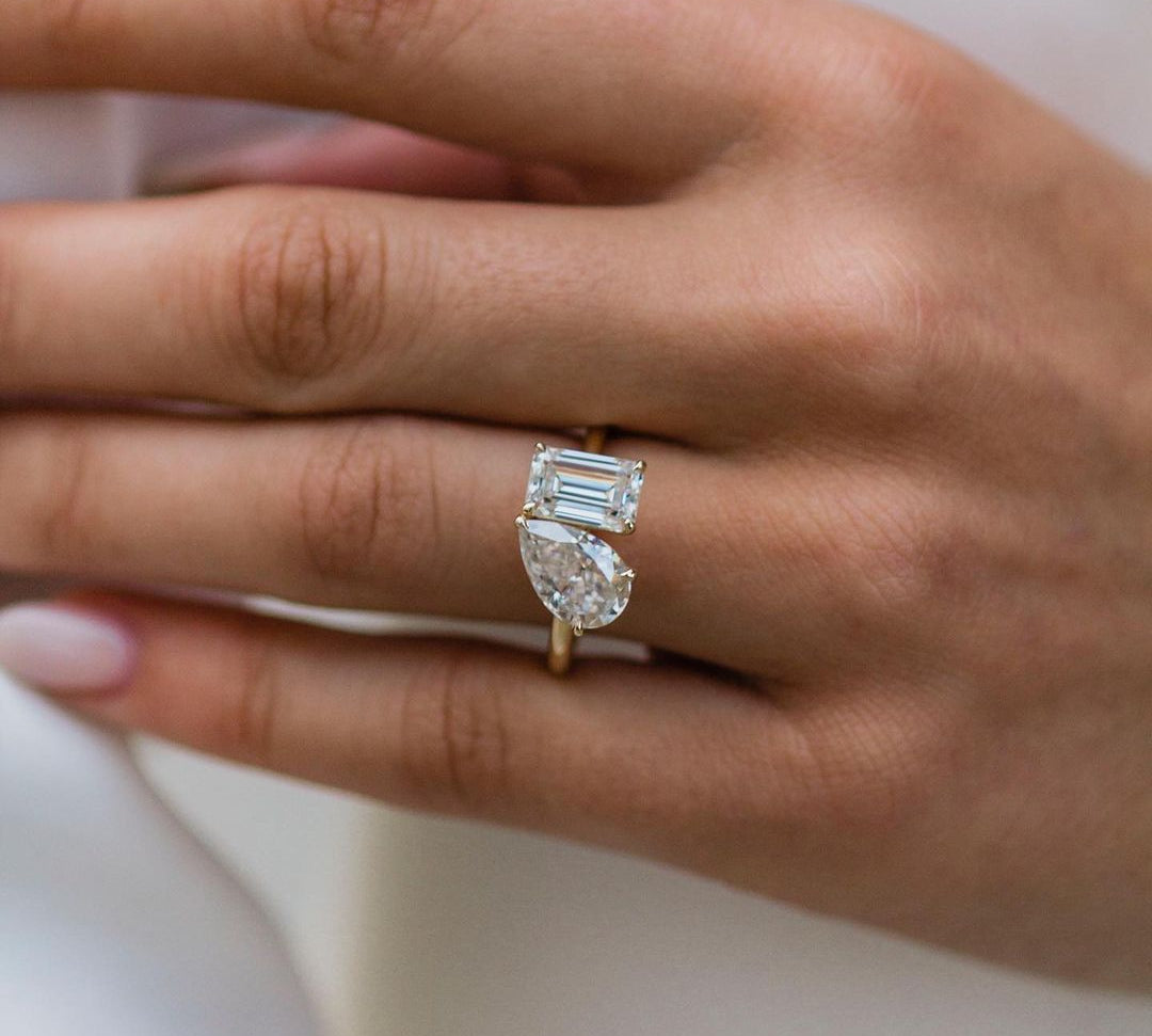 4.25 CT Pear & Emerald Two Stone Moissanite Engagement Ring 1