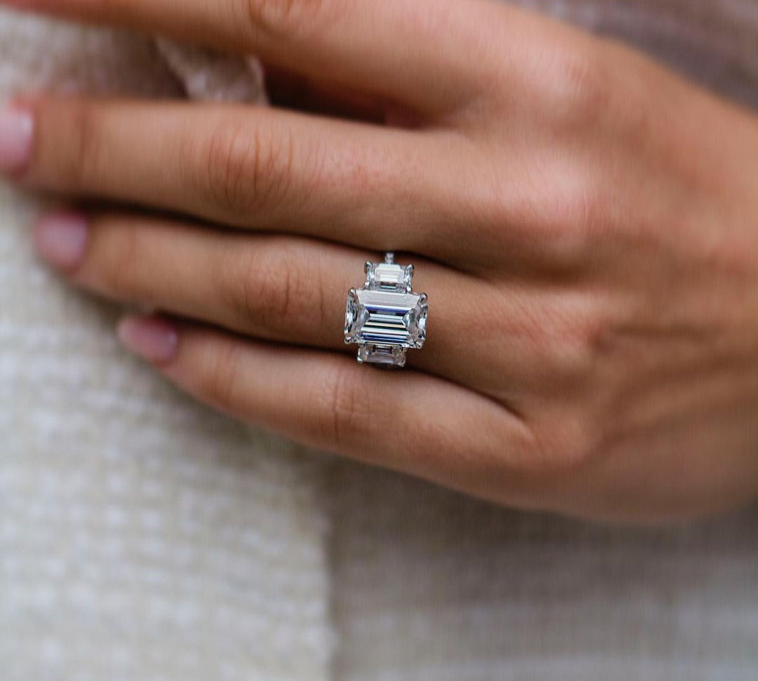 3.80 CT Emerald Three Stone Moissanite Engagement Ring 3