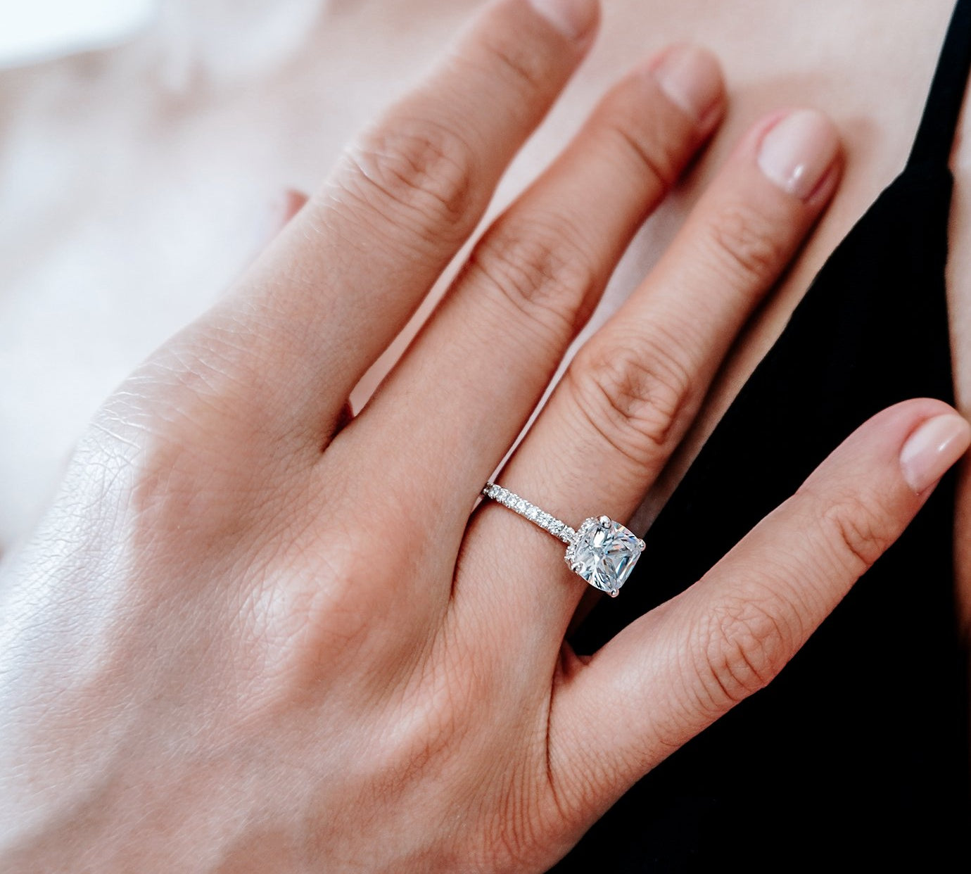 2.0 CT Cushion Shaped Moissanite Hidden Halo Engagement Ring 2