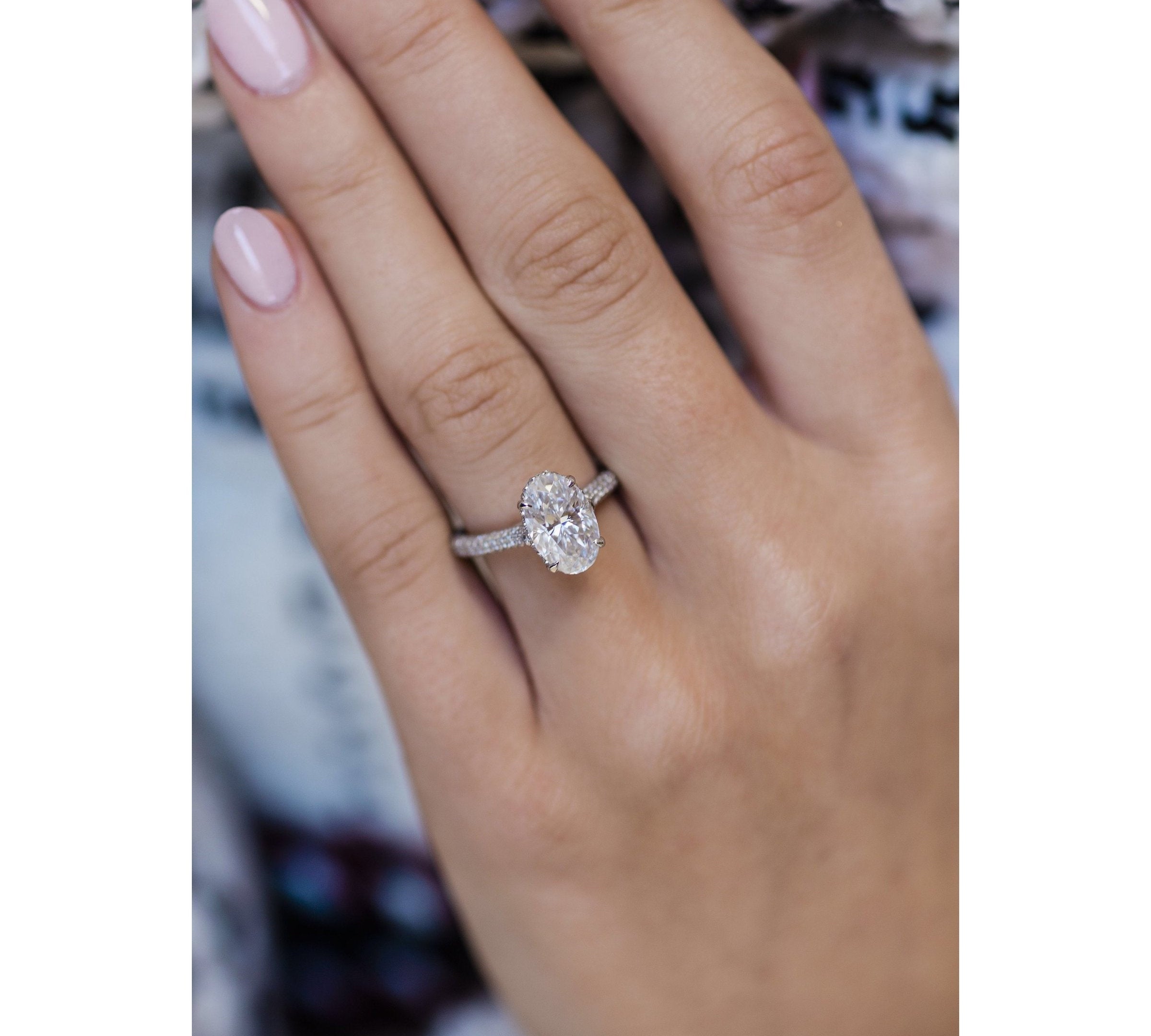 3.0 CT Oval Solitaire Hidden Halo & Pave Moissanite Engagement Ring 1