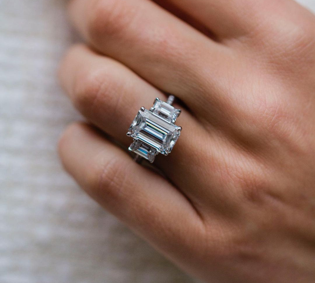 3.80 CT Emerald Three Stone Moissanite Engagement Ring 1