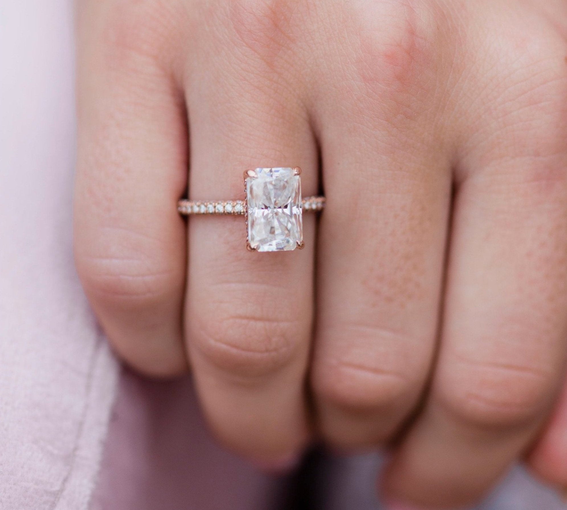 3.55 CT Radiant Solitaire Hidden Halo & Pave Moissanite Engagement Ring 1