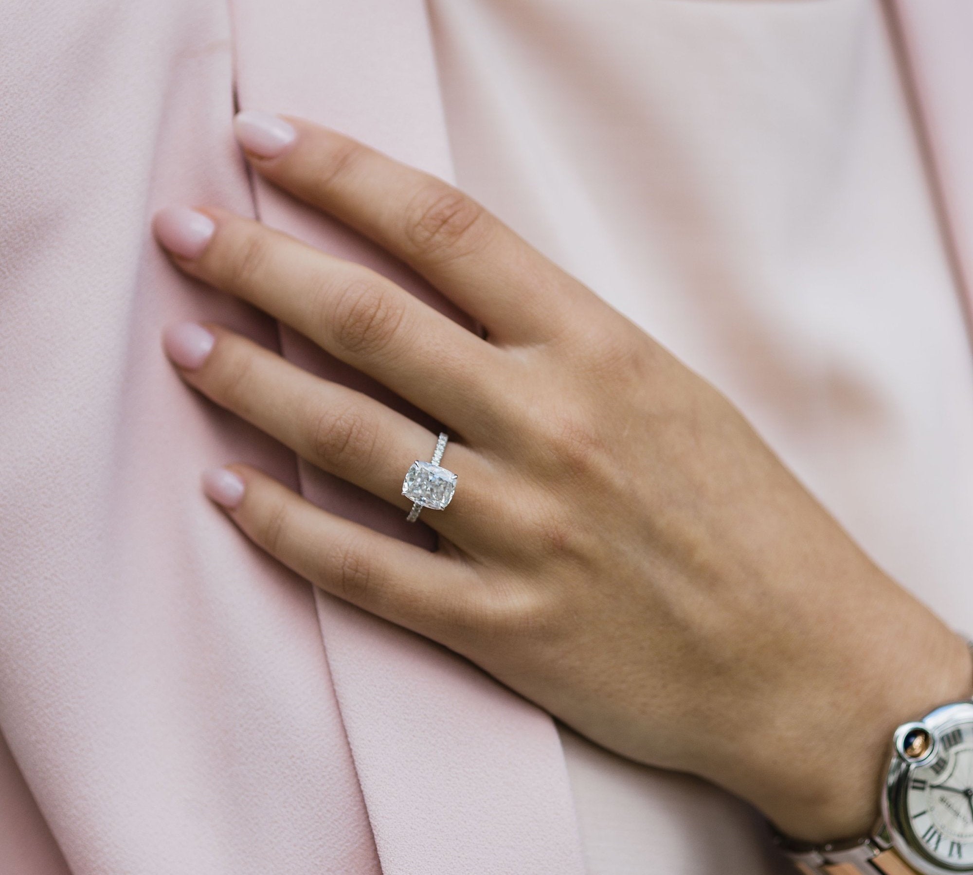 3.15 CT Elongated Crushed Ice Cushion Solitaire Hidden Halo Moissanite Engagement Ring 2