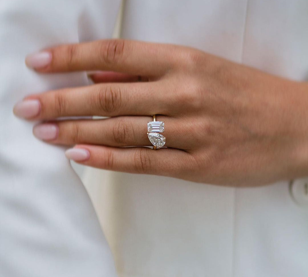 4.25 CT Pear & Emerald Two Stone Moissanite Engagement Ring 3