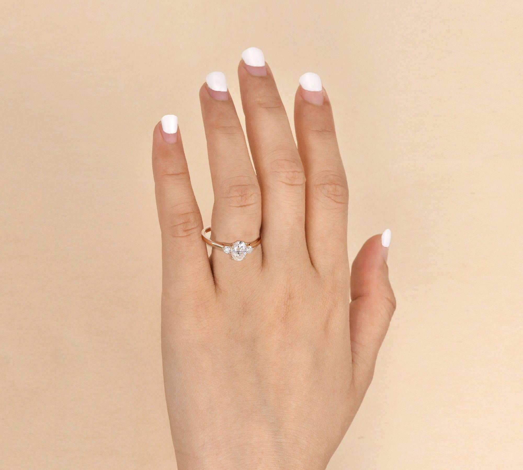 0.94 CT Oval Cut Three Stone Moissanite Engagement Ring 2