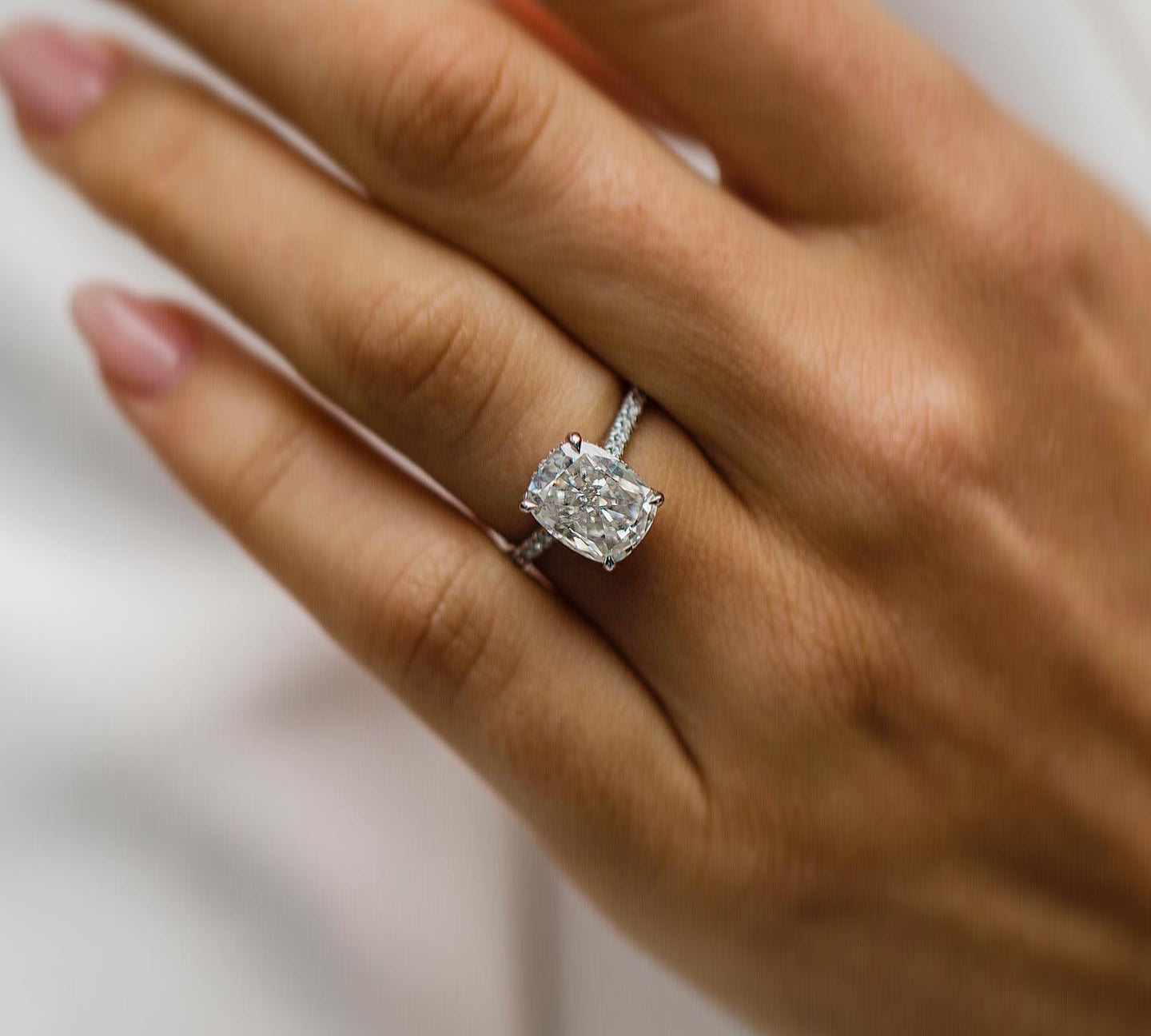 3.20 CT Cushion Solitaire Hidden Halo & Pave Moissanite Engagement Ring 1