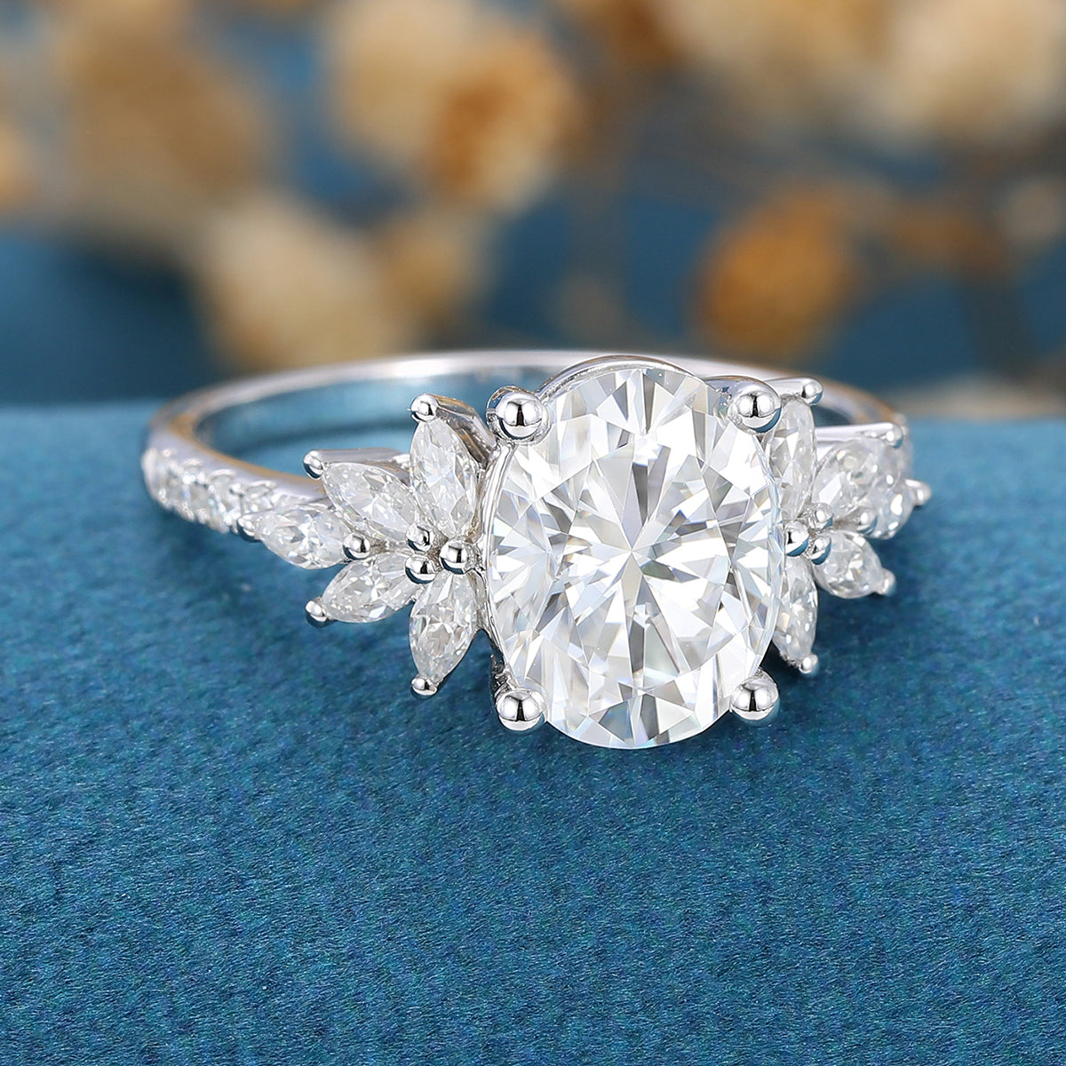 1.91 CT Oval Shaped Moissanite Cluster Engagement Ring 3