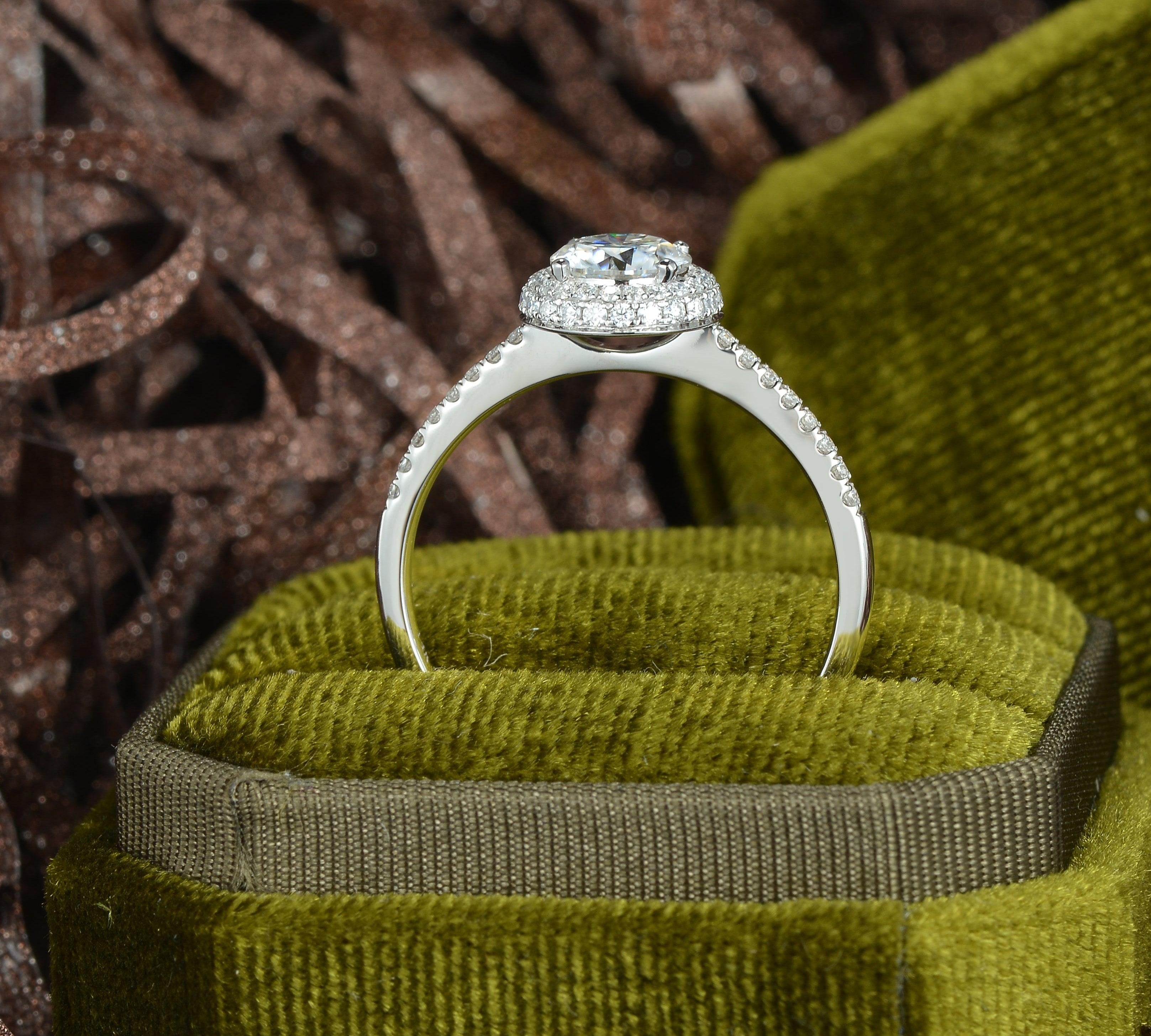 1.0 CT Round Cut Halo Pave Moissanite Engagement Ring 2