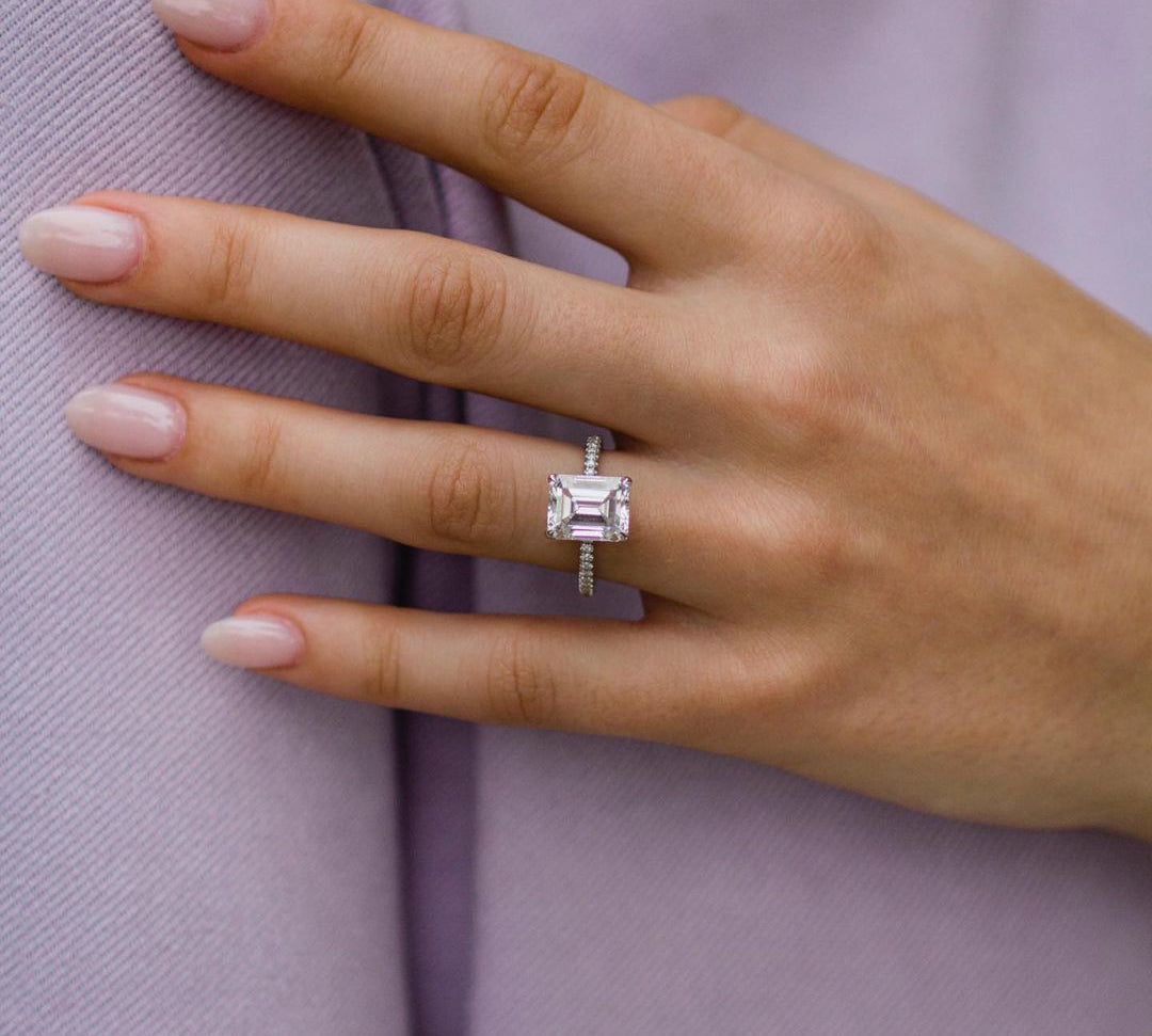 3.25 CT Emerald Solitaire Hidden Halo & Pave Moissanite Engagement Ring 1