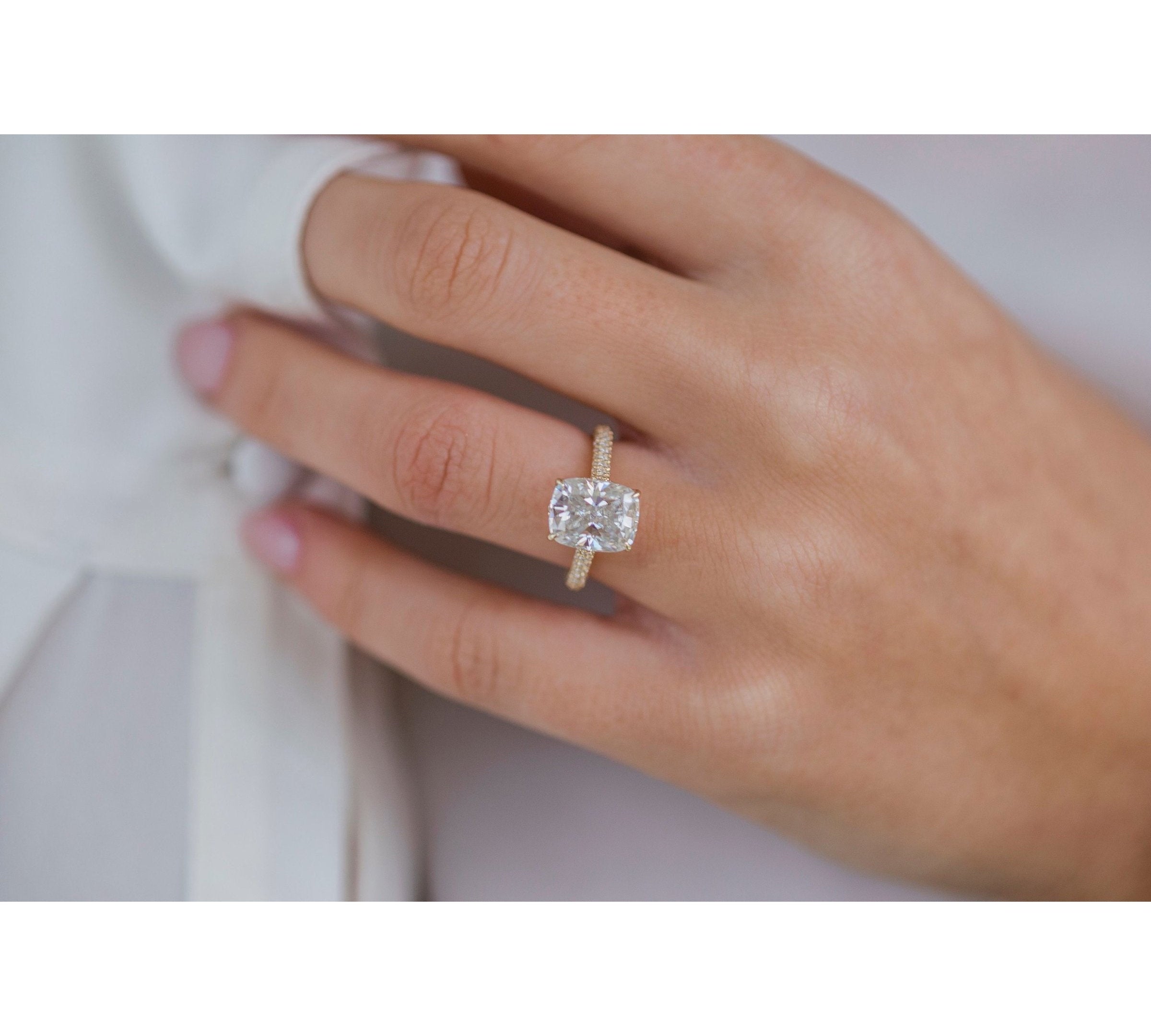 3.20 CT Elongated Cushion Solitaire Hidden Halo Moissanite Engagement Ring 2