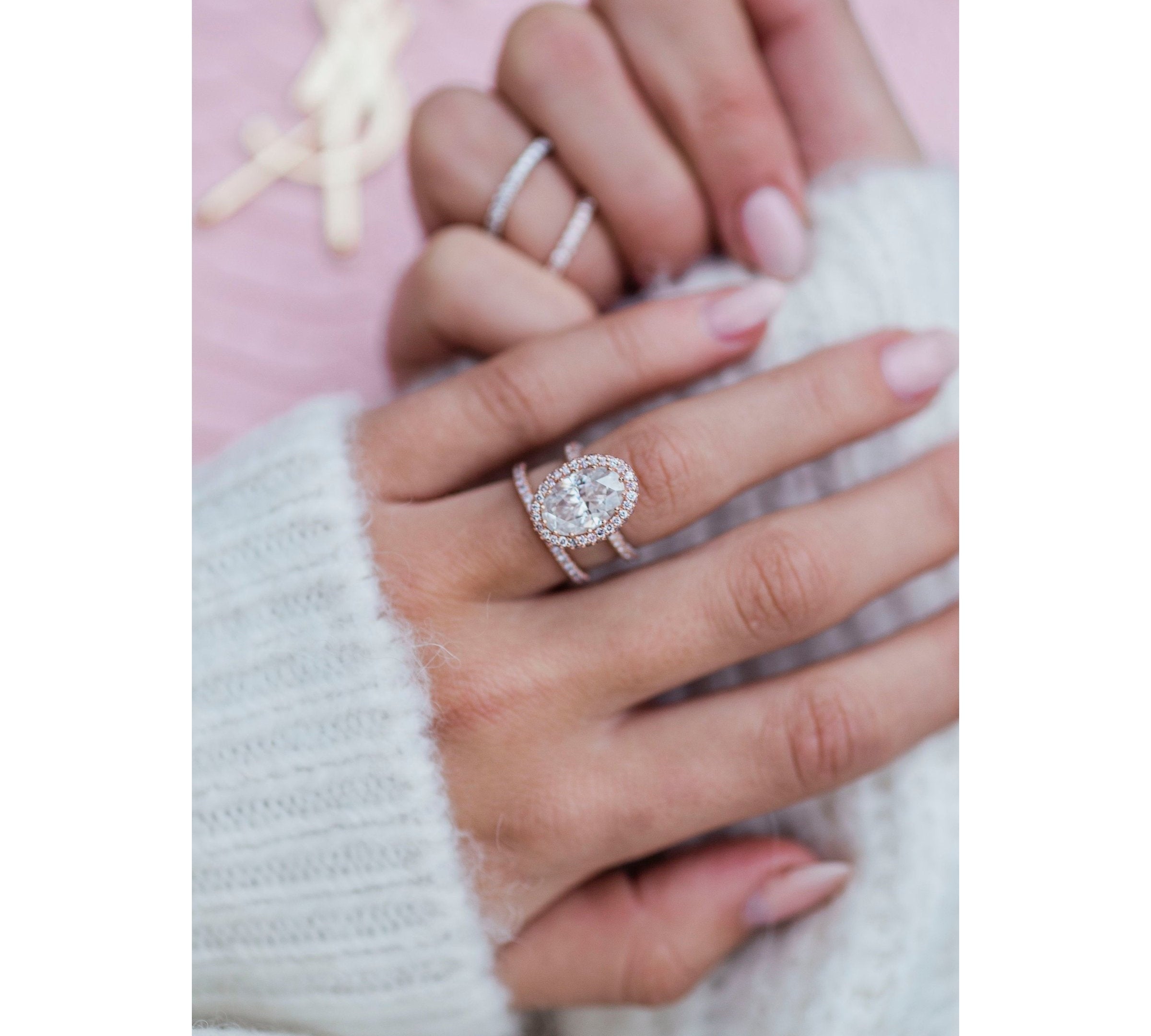 3.90 CT Oval Halo & Pave Moissanite Engagement Ring 3