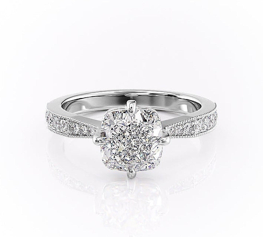 2.15 CT Cushion Cut Milgrain Pave Moissanite Engagement Ring 10