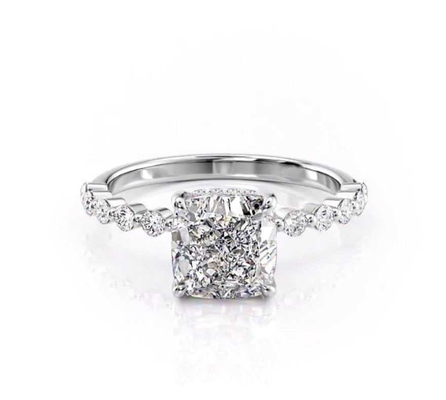 2.15 CT Cushion Cut Hidden Halo & Pave Moissanite Engagement Ring 10