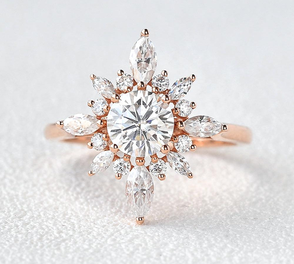 0.7 CT Round Cut Cluster Halo Moissanite Engagement Ring 1