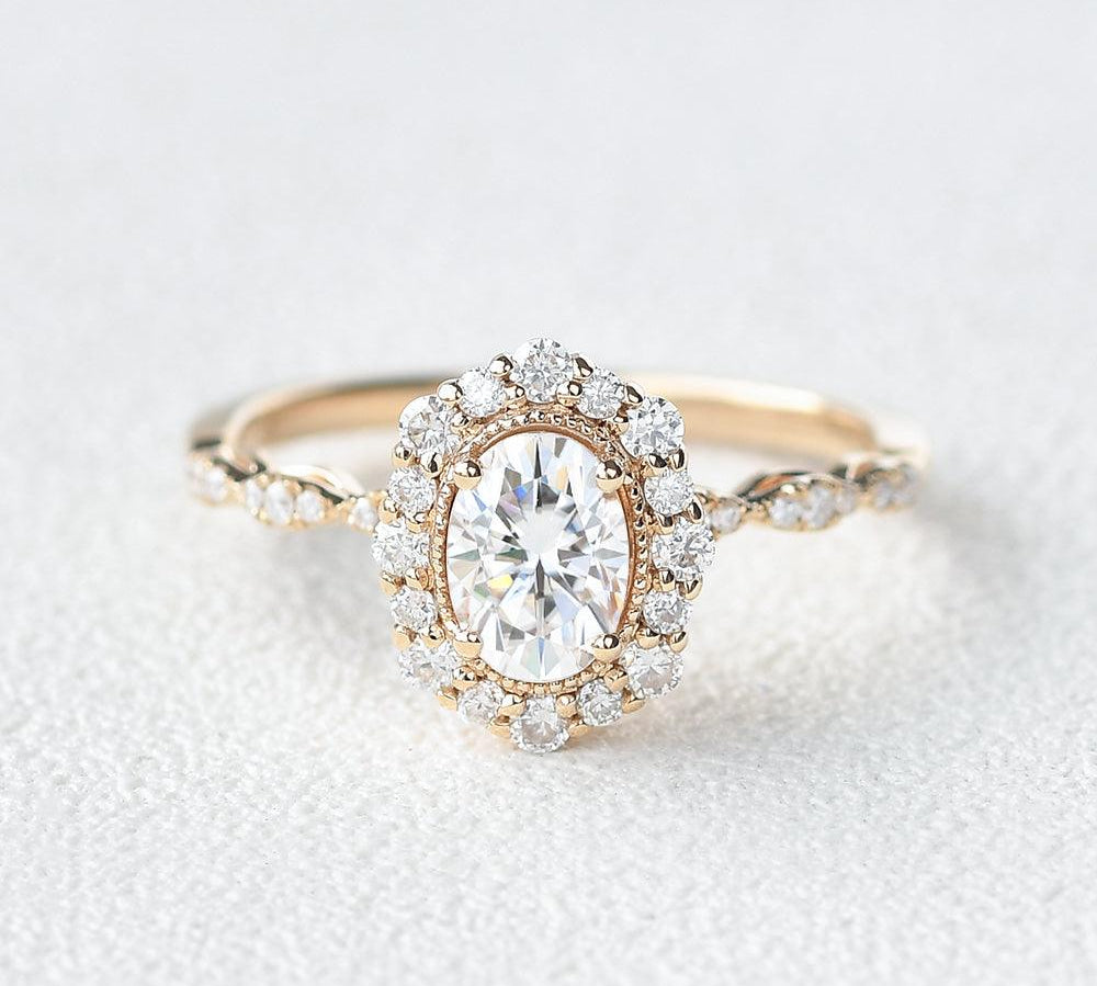 0.94 CT Oval Cut Halo & Pave Moissanite Engagement Ring 1