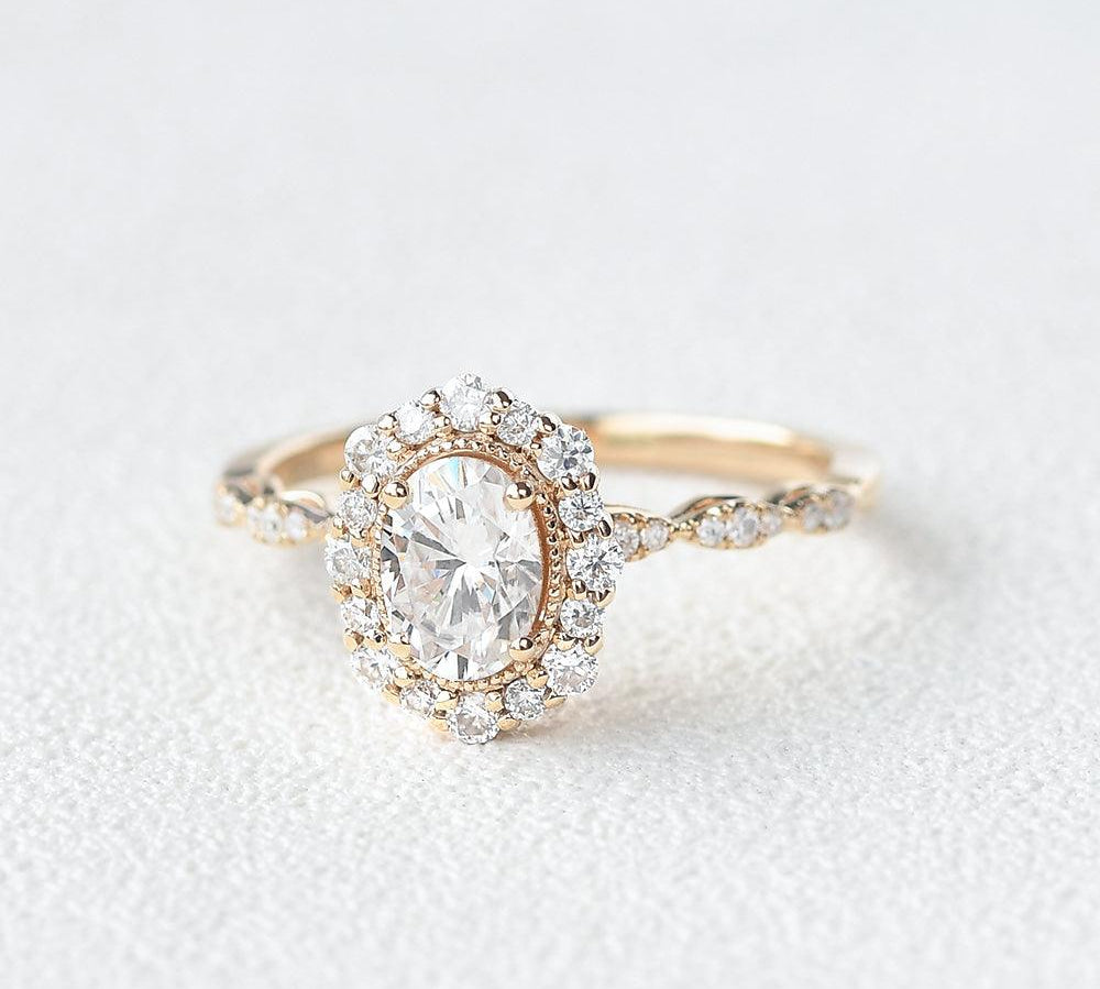 0.94 CT Oval Cut Halo & Pave Moissanite Engagement Ring 2