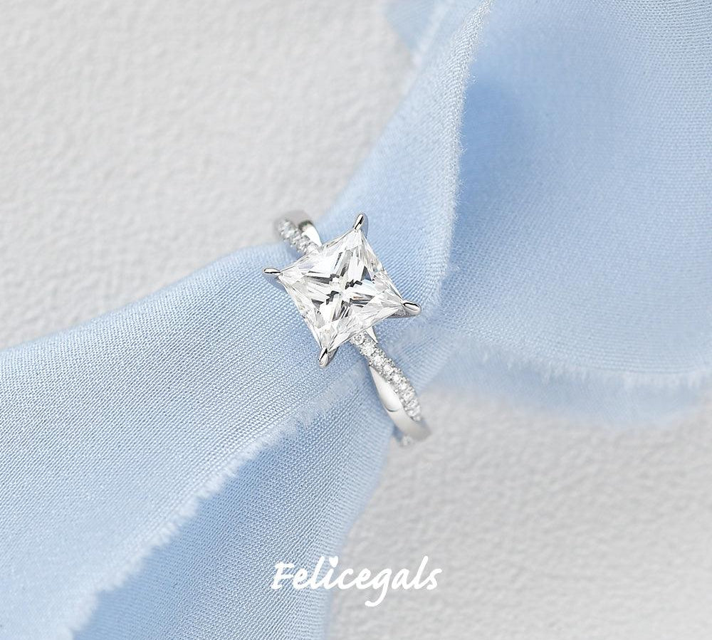 1.75 CT Princess Cut Twisted Pave Moissanite Engagement Ring 2