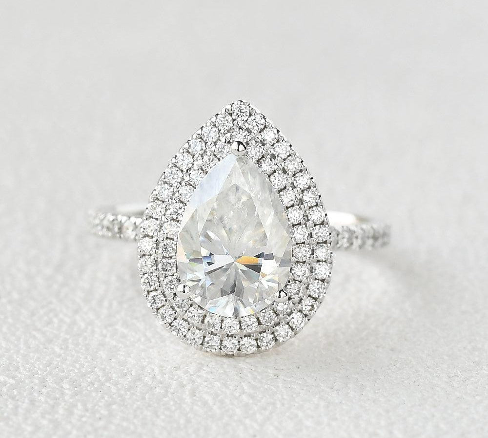 1.33 CT Pear Double Halo Pave Moissanite Engagement Ring 1