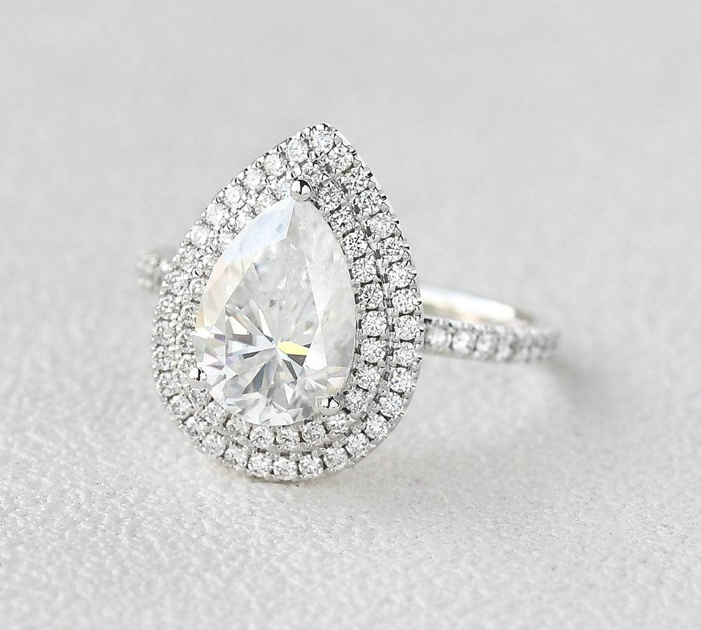 1.33 CT Pear Double Halo Pave Moissanite Engagement Ring 2