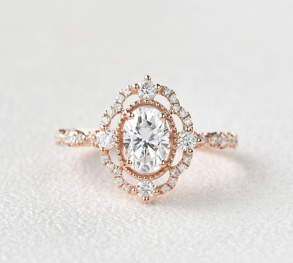 1.33 CT Oval Cut Art Deco Pave Moissanite Engagement Ring 1