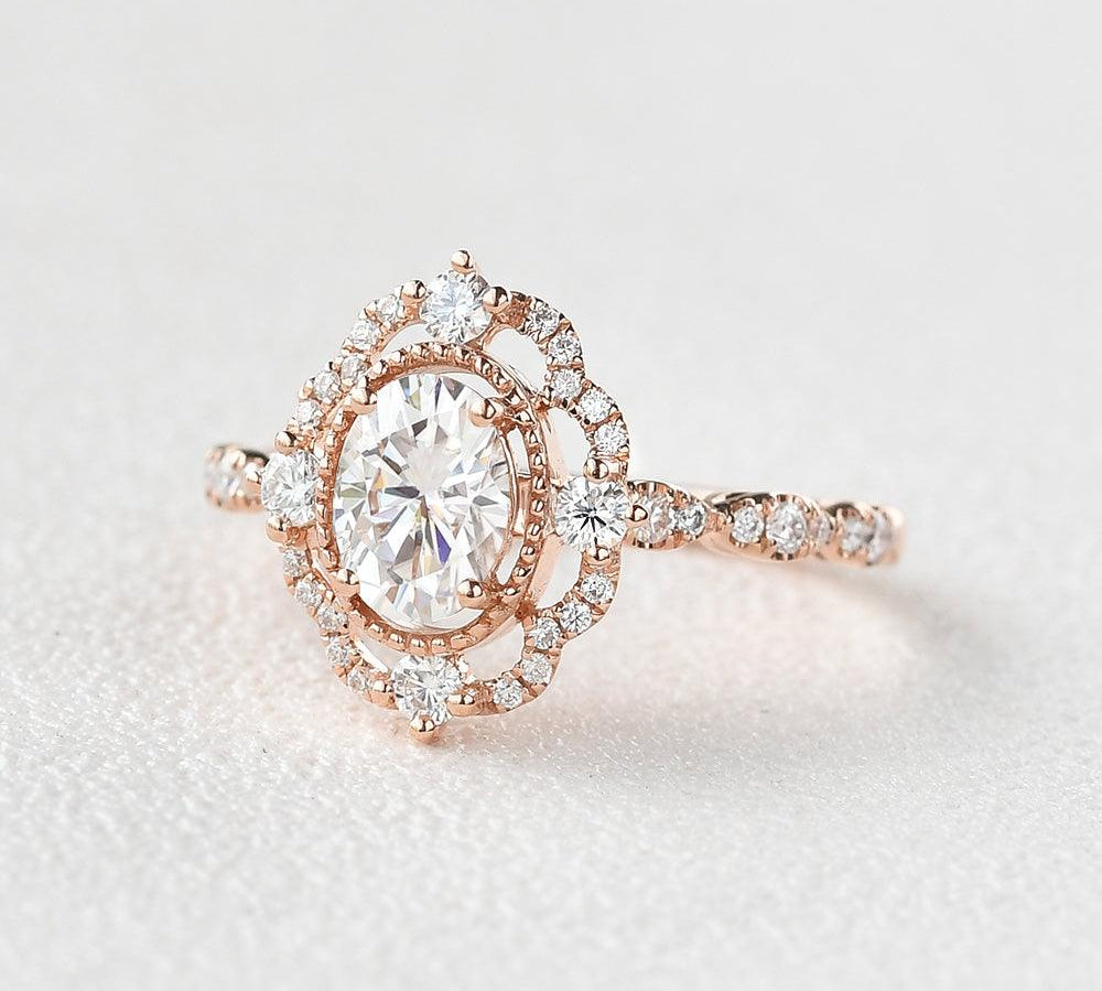 1.33 CT Oval Cut Art Deco Pave Moissanite Engagement Ring 2