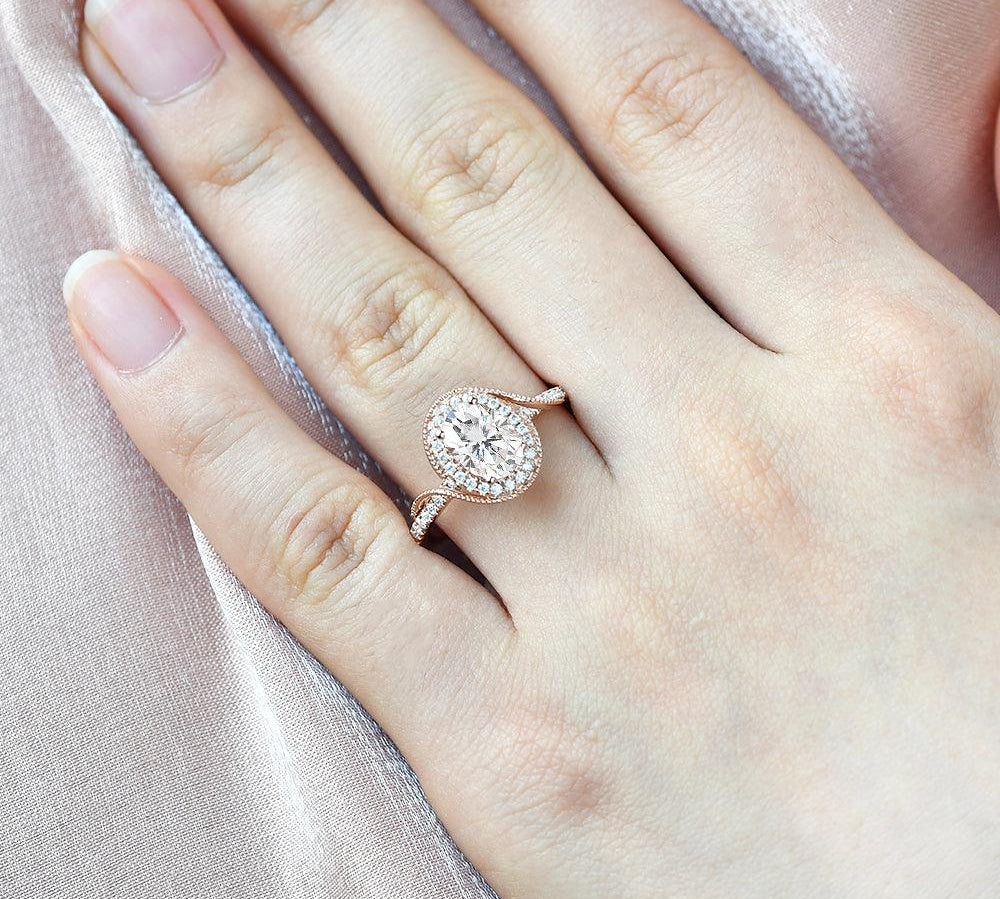 1.33 CT Oval Cut Halo Pave Moissanite Engagement Ring 2