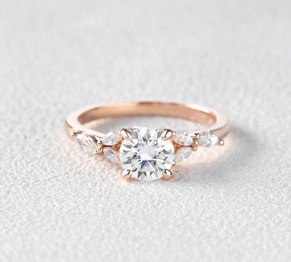 1.0 CT Round Cut Cluster Moissanite Engagement Ring 1