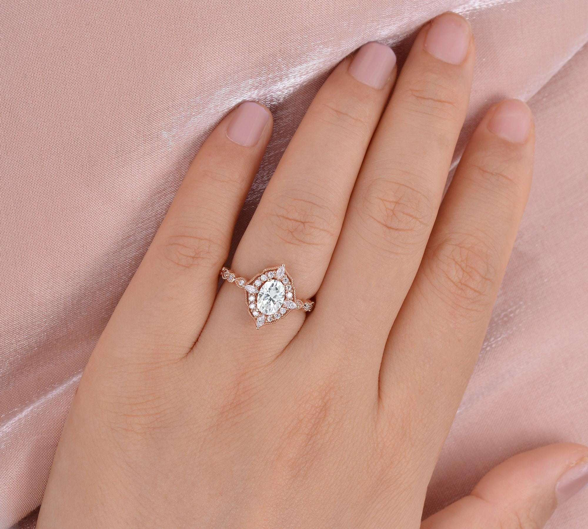 0.94 CT Oval Cut Cluster Halo & Pave Moissanite Engagement Ring 3