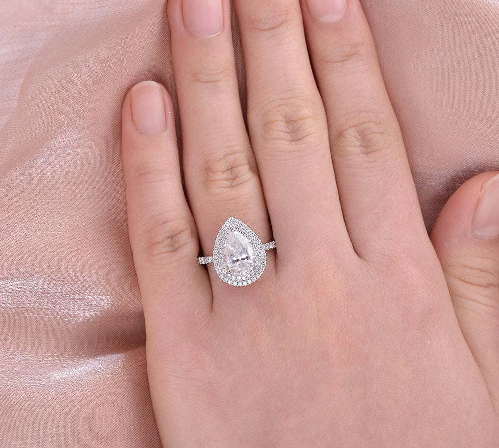 1.33 CT Pear Double Halo Pave Moissanite Engagement Ring 3