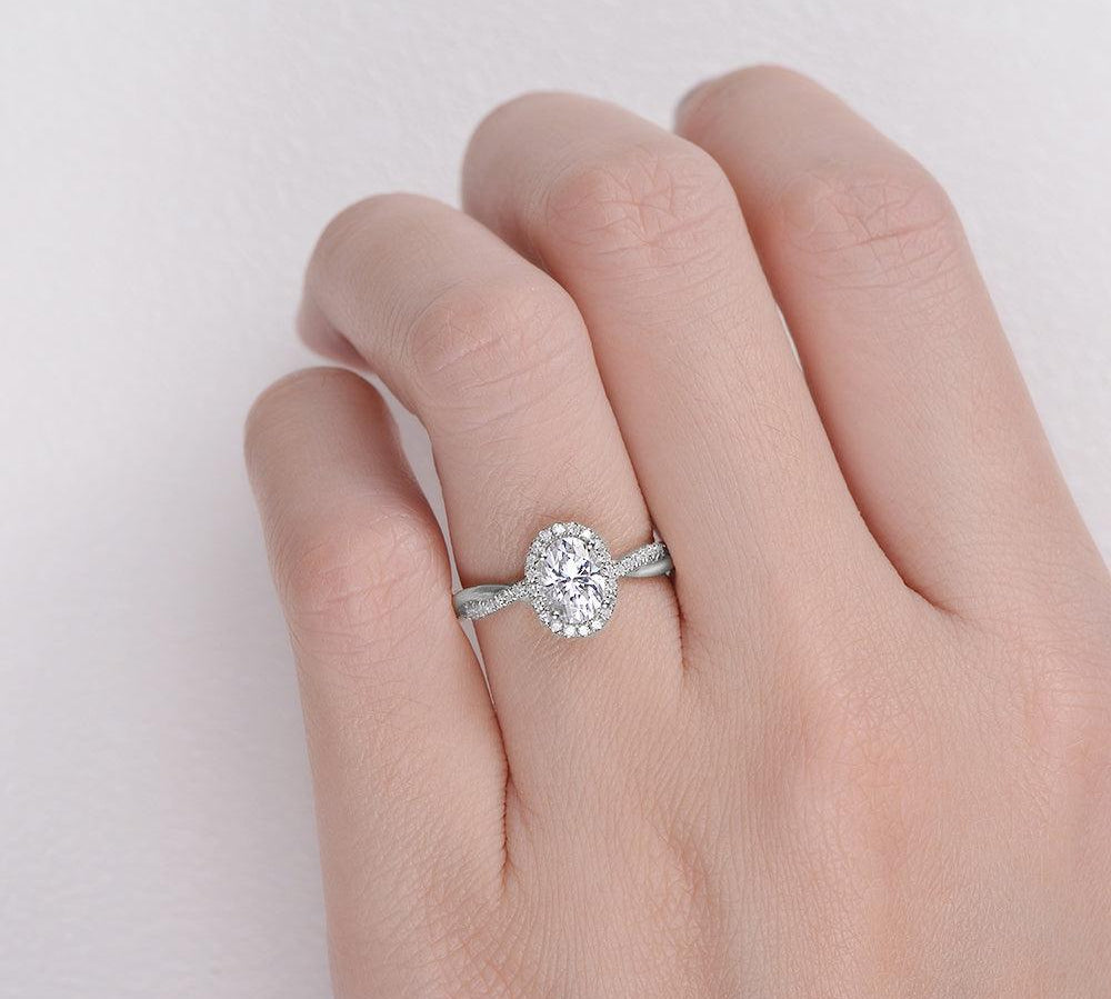 1.33 CT Oval Cut Halo Twisted Pave Moissanite Engagement Ring 2