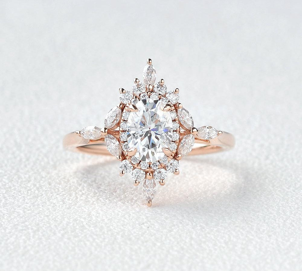 0.94 CT Oval Cut Cluster Vintage Moissanite Engagement Ring 1