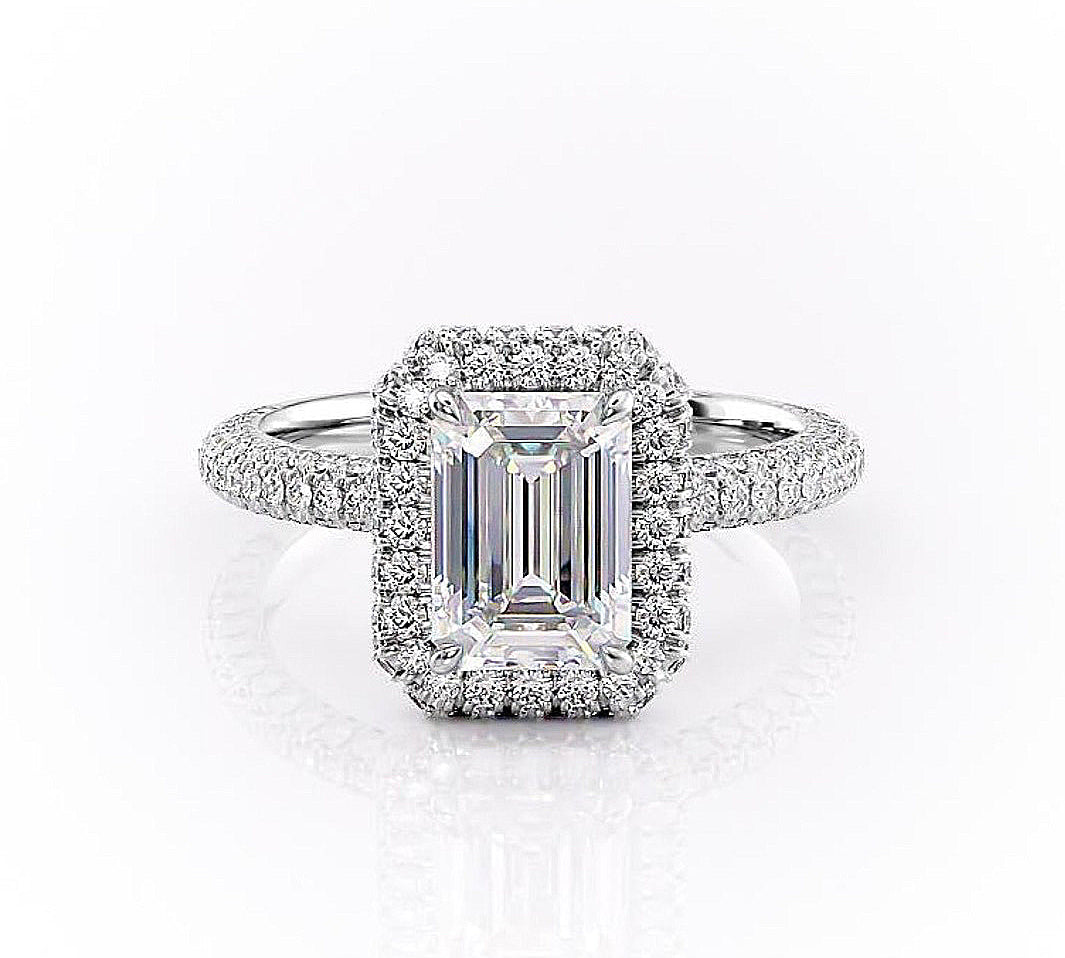 1.91 CT Emerald Cut Halo Triple Pave Setting Moissanite Engagement Ring 10