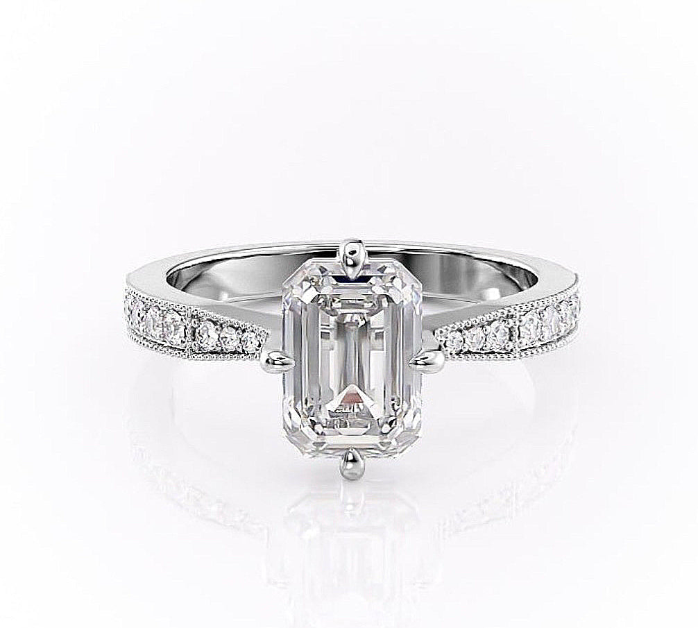 2.10 CT Emerald Cut Solitaire Pave Setting Moissanite Engagement Ring 10