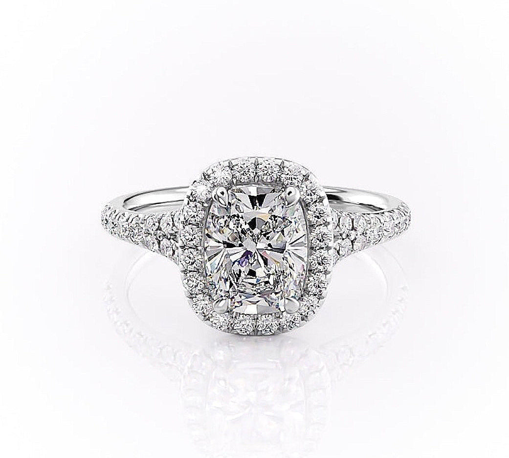 2.0 Elongated Cushion Cut Halo Split Shank Setting Moissanite Engagement Ring 10
