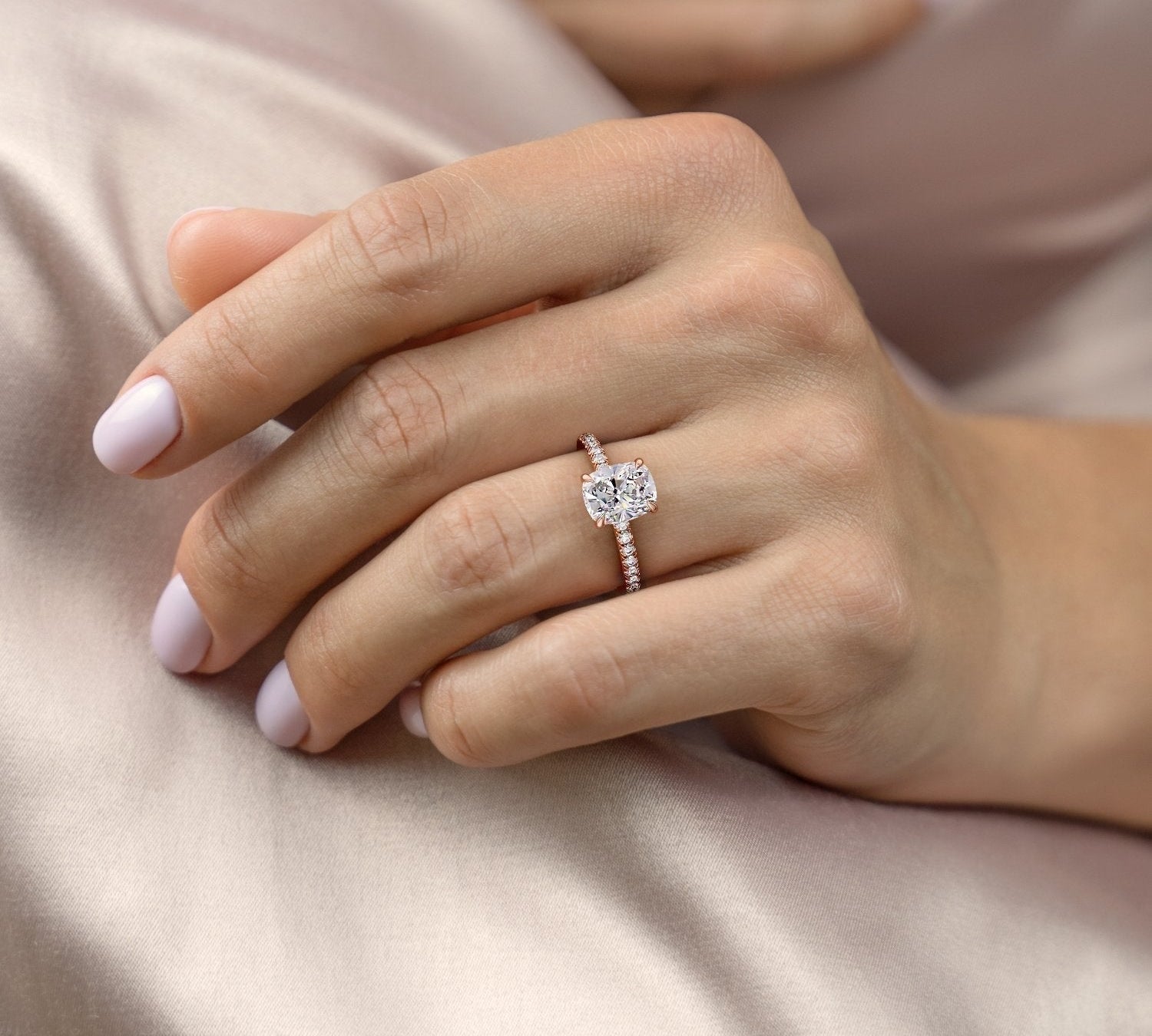 2.0 CT Cushion Cut Hidden Halo Pave Setting Moissanite Engagement Ring 2