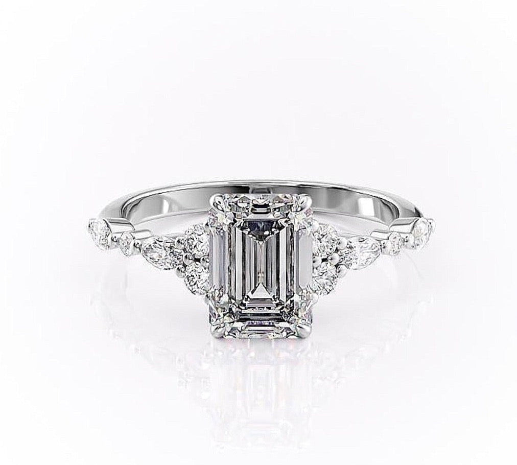 2.10 CT Emerald Cut Cluster Moissanite Engagement Ring 10