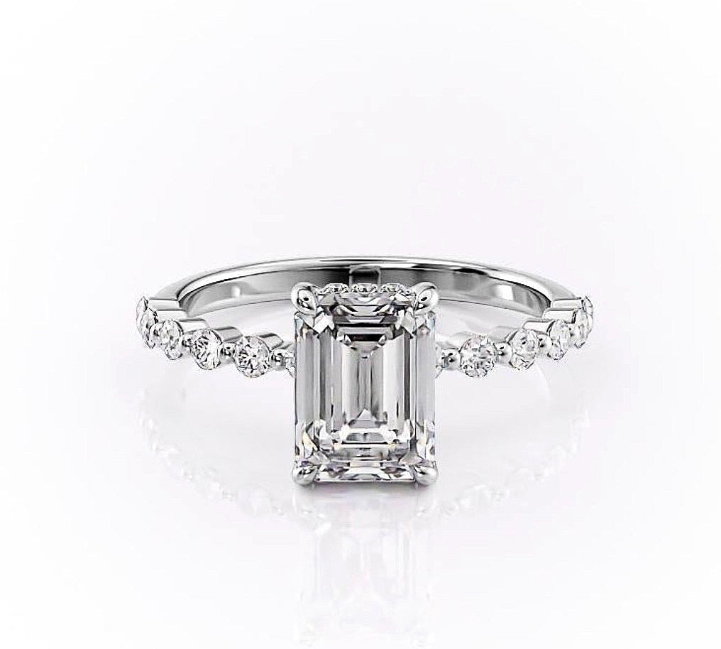 2.10 CT Emerald Solitaire Pave Setting Moissanite Engagement Ring 10