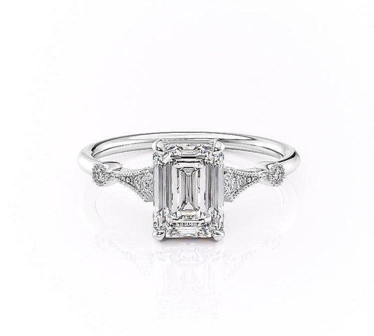1.91 CT Emerald Cut Solitaire Milgrain Pave Set Moissanite Engagement Ring 10